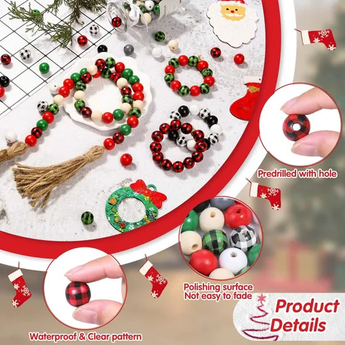 Vista 3 de Modacraft 300 cuentas de madera de Navidad para manualidades, cuentas de madera a cuadros de búfalo de 0.63 pulgadas con cuerda de cáñamo de 65 pies