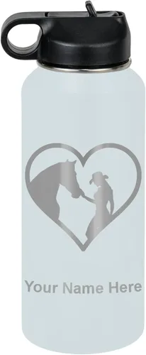 Vista 13 de LaserGram Botella de agua personalizada, corazón de vaquera de caballo, acero inoxidable de doble pared aislada al vacío con popote superior, regalo