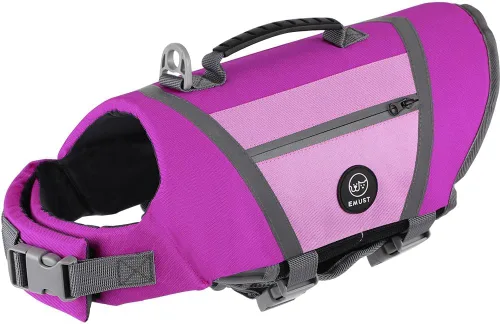 Vista 10 de EMUST Chaleco salvavidas para perro, chaqueta ligera con bolsillos, elegante preservador con asa de rescate y rayas reflectantes para nadar