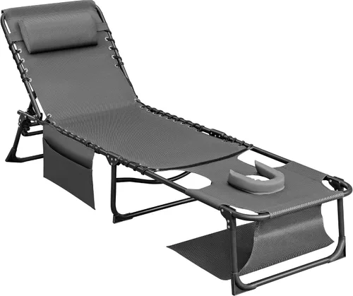 Vista 13 de Flamaker Silla Tumbona boca abajo ajustable de 5 posiciones para tomar el sol, silla de bronceado plegable con agujeros para la cara y los brazos