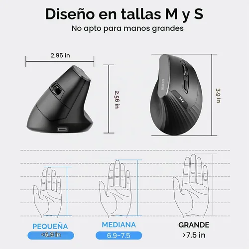 Vista 6 de Uineer Ratón ergonómico Bluetooth 5.0/4.0, mouse inalámbrico vertical de 2.4 GH, con receptor USB-A, alimentado por batería, conectividad de 3