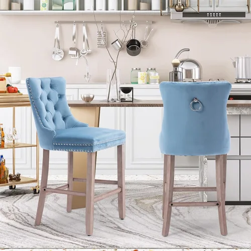 Vista 103 de SoarFlash Juego de 2 taburetes de bar tapizados de terciopelo moderno con patas de madera, botones acolchados, cabeza de clavo cromada, asiento