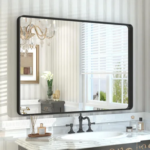 Vista 85 de Paquete de 2 espejos de baño con marco de metal negro de 22 x 30 pulgadas, espejo rectangular redondeado negro mate, antioxidante, se cuelga
