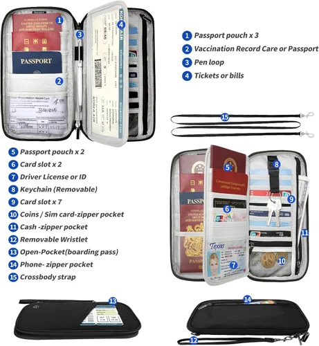 Vista 2 de Cartera para pasaporte, soporte para pasaporte RFID con ranura para tarjeta de vacunación, para familias y mujeres y hombres, organizador