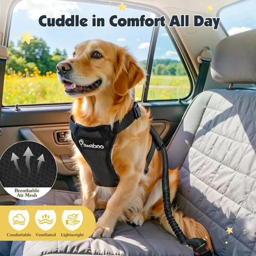Vista 6 de Pawaboo Arnés de cinturón de seguridad para perro, arnés de automóvil con clips dobles, chaleco ajustable transpirable para mascotas y correa