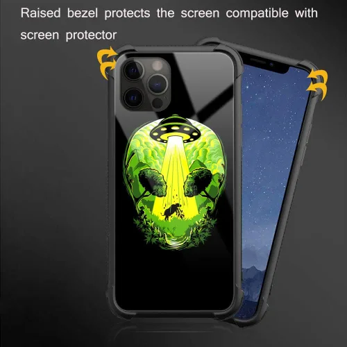 Vista 3 de ZHEGAILIAN Funda compatible con iPhone 12/12 Pro, funda de invasión de vaca alienígena OVNI, parte trasera de vidrio templado + funda protectora