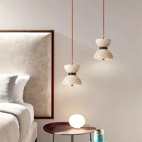 Vista 2 de Lámpara colgante de mármol con forma de reloj de arena nórdico, luz cálida de 3000 K, lámpara colgante colgante de travertino Wabi-Sabi, lámpara
