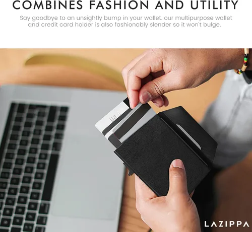 Vista 8 de LAZIPPA Cartera inteligente para hombre, de bolsillo, minimalista, con soporte para rastreador, cartera de cuero con bloqueo RFID, elegante cartera