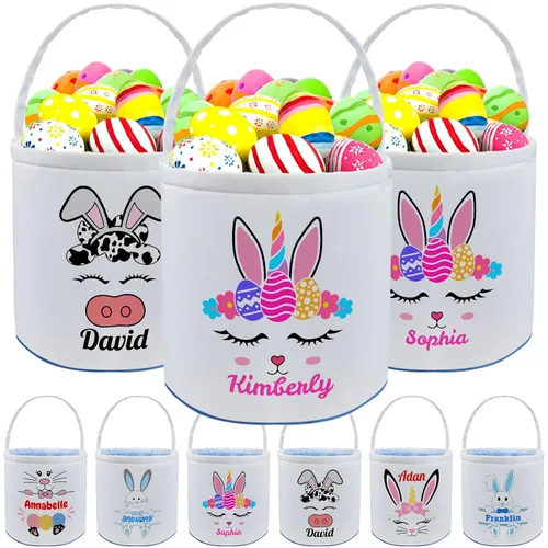 Vista 15 de Cesta de Pascua personalizada con nombre para niños, lona personalizada, cubo de Pascua, regalo para niños y niñas