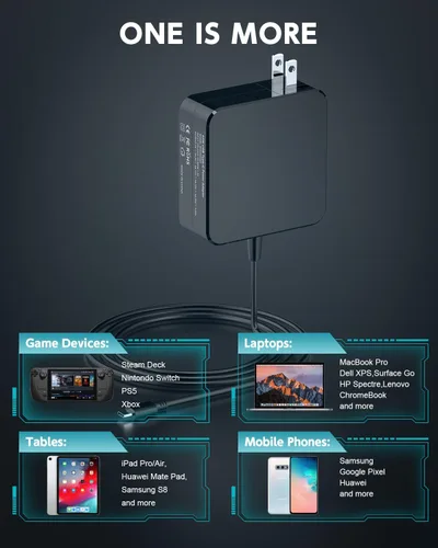 Vista 2 de Adaptador de corriente plegable PD de 65 W45 W, cargador rápido USB C para Steam DeckNintendo SwitchSteam Deck TV Dock
