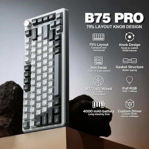 Vista 2 de YUNZII Teclado mecánico inalámbrico B75 PRO, diseño del 75% con perilla, estructura personalizada de junta de intercambio rápido, interruptores