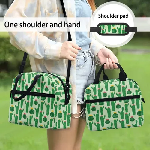 Vista 3 de Bolsas de almuerzo aisladas con diseño de cactus verdes para mujer, reutilizable, a prueba de fugas, con correa de hombro ajustable, portátil
