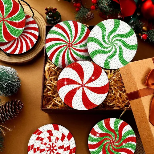 Vista 2 de Perthlin 8 posavasos de arte de diamantes de Navidad, árbol de Navidad, gnomo de caramelo, juego de pintura con soporte, kit de pintura de diamantes