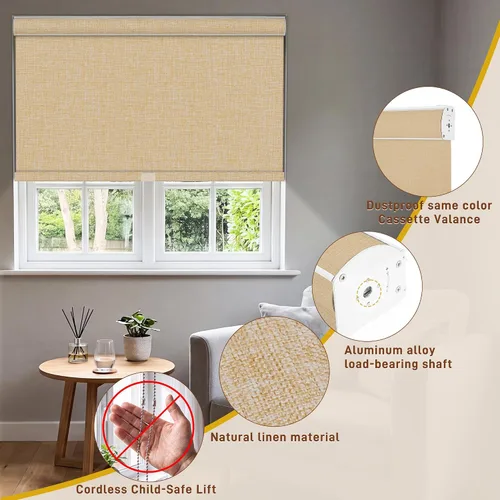 Vista 4 de Persianas enrollables opacas para ventanas sin cordón, persianas enrollables de tela de lino para oscurecer la habitación, con cenefa de casete