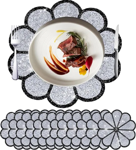 Vista 47 de Juego de 1 mantel individual redondo en negro, manteles individuales brillantes resistentes al calor, lavables, para cena, cocina, boda, decorativos
