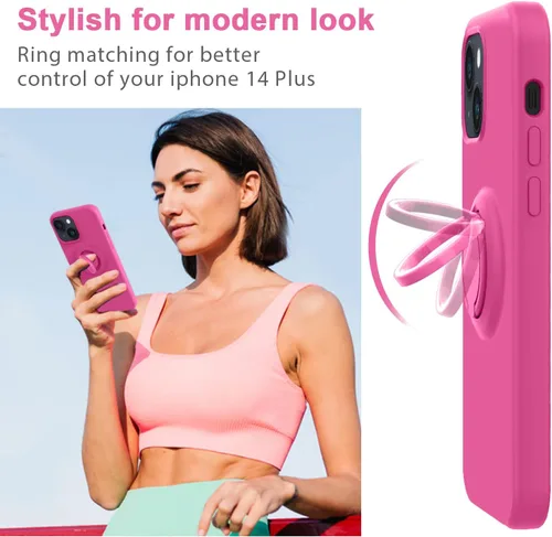 Vista 3 de MOCCA Compatible con funda para iPhone 14 Plus con soporte de anillo Forro de microfibra súper suave Funda protectora de silicona líquida