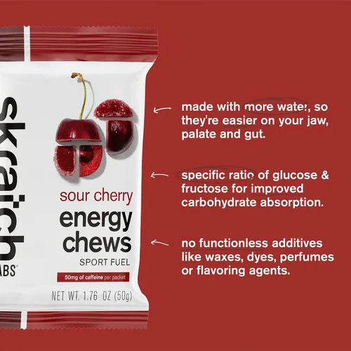 Vista 9 de Skratch Labs Energy Chews Gomitas de cafeína para correr, ciclismo y rendimiento deportivo, alternativa al gel, cereza agria (paquete de 10), sin