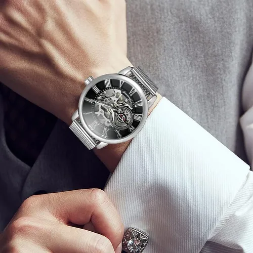 Vista 4 de Gosasa Reloj automático único para hombre, esfera transparente, esqueleto hueco, tono plateado, correa de malla, Oro Rosa