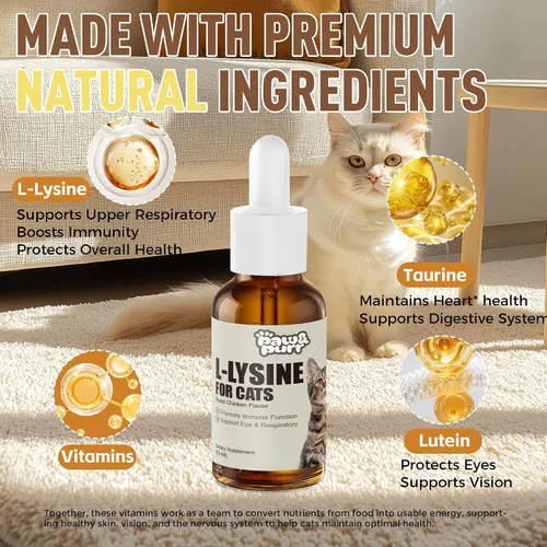 Vista 3 de Suplemento de L-lisina para gatos, gotas líquidas de L-lisina para gatitos con vitaminas taurina, apoyo inmunológico, respiratorio felino