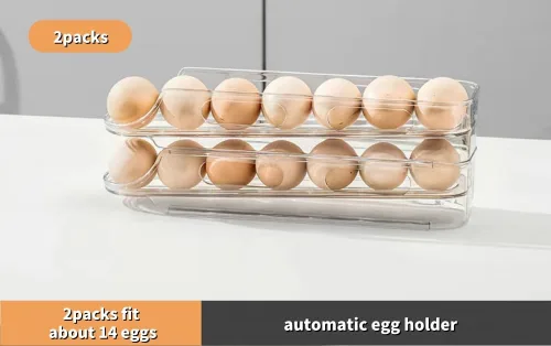 Vista 2 de Soporte apilable transparente para huevos para refrigerador, contenedor de almacenamiento automático de huevos de 1 a 4 niveles, bandeja