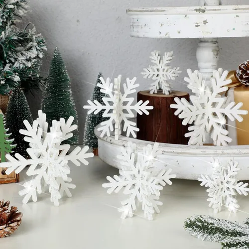 Vista 10 de Bucherry 12 piezas de decoración de mesa de copo de nieve de madera, plata