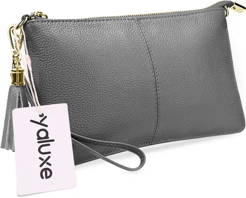 Vista 8 de YALUXE Clutch Wristlet - Cartera de piel auténtica con bloqueo RFID y cadena de hombro