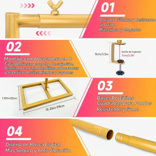 Vista 4 de Soporte Cuadrado para Telón de Fondo, Arco de Boda Soporte Ajustable Resistente, Soporte de Barra Sobre la Mesa con Abrazaderas, Marco de Globo