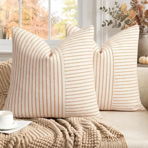 Vista 20 de Fundas de almohada de granja de 12 x 20 pulgadas, 2 fundas de almohada lumbares modernas, decorativas, de lino, con retazos de rayas negras y beige
