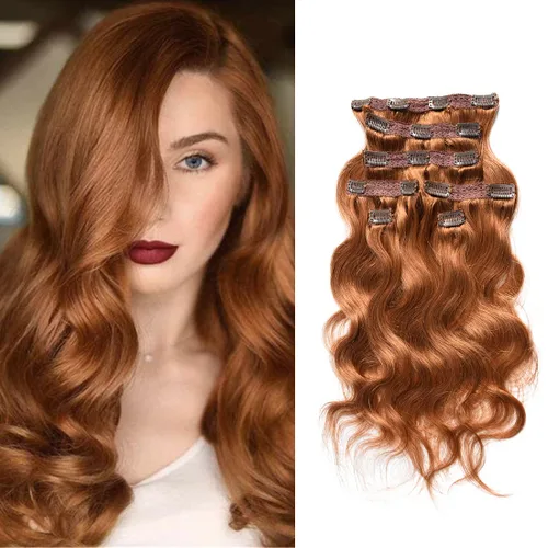 Vista 9 de viviaBella Extensiones de cabello humano ondulado con clip, color rojo cobre, 14 pulgadas, cabello virgen brasileño de doble trama, 7 unidades por