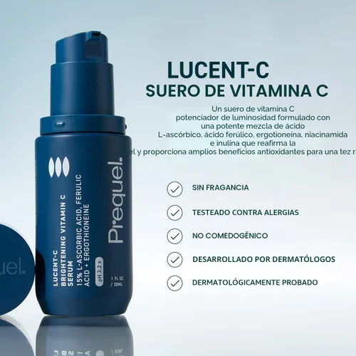 Vista 2 de Prequel Skin Lucent-C, suero de vitamina C para rostro. Ácido L-ascórbico facial profesional, fórmula de ácido ferúlico con niacinamida. Cuidado