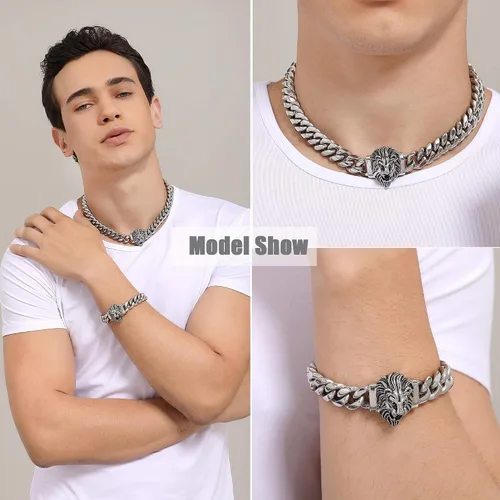 Vista 4 de Cadena de eslabones cubanos para hombre, gargantilla de león, collar de plata Hip Hop de 18 pulgadas, 20 pulgadas y pulsera de 8.5 pulgadas, juego