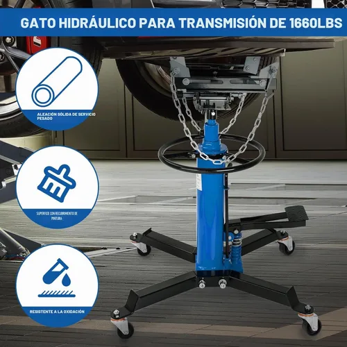 Vista 4 de gato de transmisión de 1600 lb, gato telescópico hidráulico de elevación alta, telescópico de 2 etapas ajustable con pedal de pie y ruedas Azul