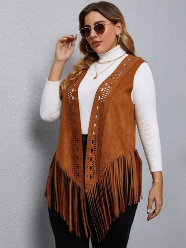 Vista 5 de SheIn Chaleco de ante sin mangas con flecos para mujer, estilo hippie, chaqueta estilo hippie de los años 70