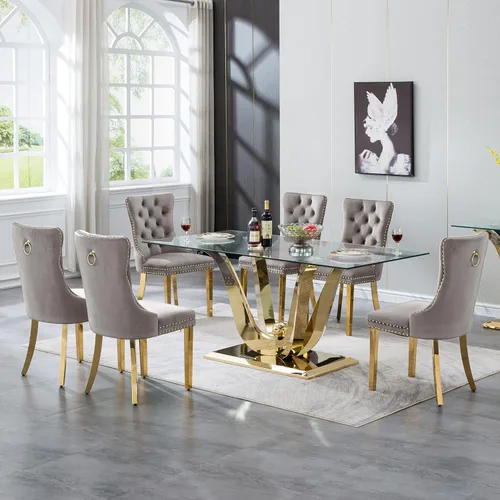 Vista 28 de Moderno juego de mesa de comedor de cristal de 5 piezas para 4, 70 pulgadas rectangular con 4 sillas copetudas de terciopelo beige, juego de mesa