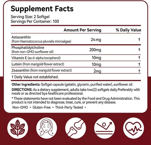 Vista 7 de GBN Suplementos de astaxantina 24 mg 200 cápsulas blandas, apoya la salud de los ojos, la piel, las articulaciones, el cerebro, el corazón