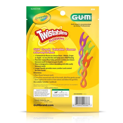 Vista 8 de GUM Crayola Twistables - Hilo dental para niños con flúor, diseñado para manos pequeñas, tres divertidos sabores de frutas, palillos de hilo dental