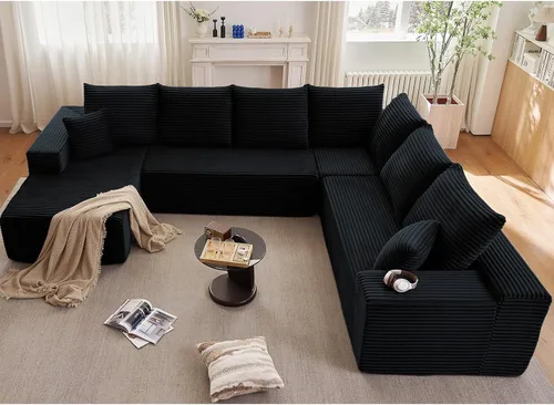 Vista 9 de Sofá modular de nube de 140 pulgadas para sala de estar, sofá modular de asiento profundo, juego de sofás de pana grandes y cómodos con espuma Negro