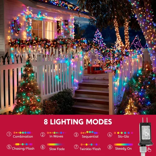 Vista 6 de JOYIN 200 luces LED de Navidad multicolor, 8 modos de luces de árbol de Navidad enchufables, luces parpadeantes de hadas conectables de 66 pies