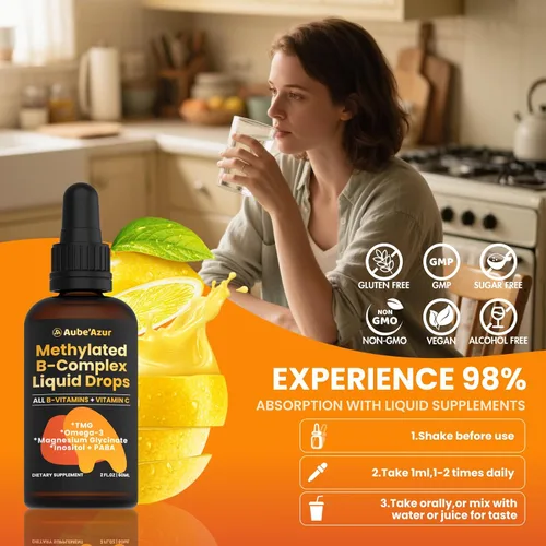 Vista 9 de Methylated B Complex Liquid Drop, vitaminas del complejo B líquido para mujeres, con metil B12, metilfolato, B1, B3, B5, B6, B7, C, Omega-3