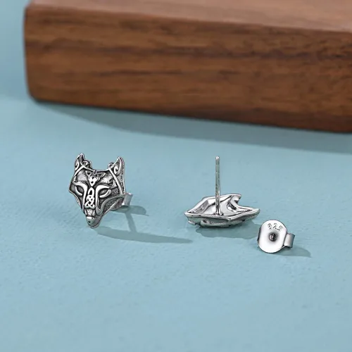 Vista 8 de FaithHeart Norse Vikingo Jewelry - Aretes de tuerca de plata de ley de acero inoxidable, lobo celtamartillo de Thors para mujeres y hombres, Acero