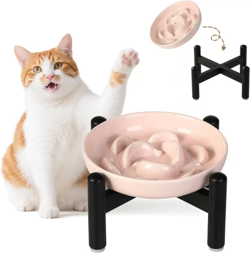 Vista 12 de Cuenco de cerámica del gato del alimentador lento, 6,3" alimentador Cuenco rosa pastel