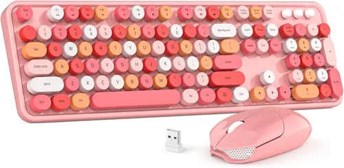 Vista 21 de MOWUX Combo de teclado y mouse inalámbricos, máquina de escribir de tamaño completo, teclado de computadora redondo retro, lindo mouse óptico, 2.4G