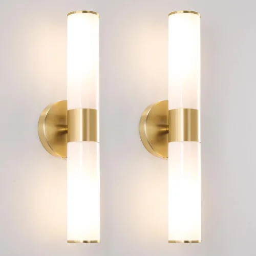Vista 11 de Juego de 2 apliques de pared de níquel cepillado (solo cableado), lámparas de tocador de baño, modernas luces de pared cilíndricas de vidrio