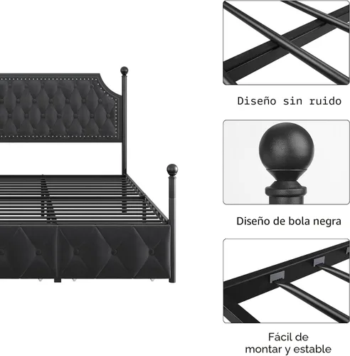 Vista 8 de Keyluv Marco de cama con dosel tapizado tamaño King con 3 cajones y cabecero capitonado con botones, cama de plataforma de metal con 4 postes Gris