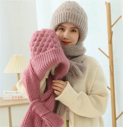 Vista 2 de Bufanda integrada de protección de oído resistente al viento, gorro de punto elástico cálido para mujer, bufanda con capucha para invierno