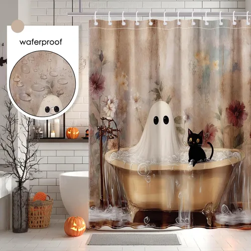 Vista 5 de Mocsicka Cortina de ducha de Halloween, diseño de gato fantasma, cortina de ducha para baño, academia oscura, bañera, juego de decoración de baño