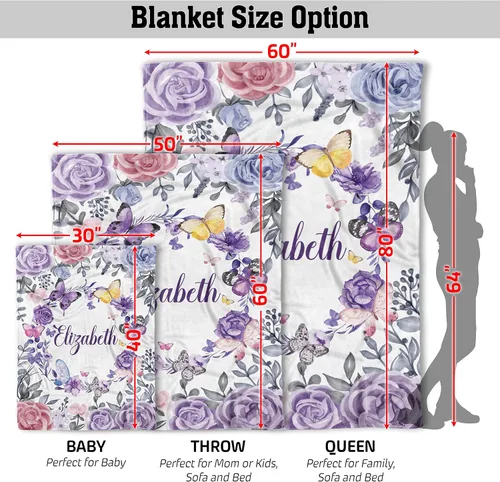 Vista 5 de AVIClothes Manta de bebé niña personalizada, mantas personalizadas con diseño de mariposas y flores, manta de bebé con nombre para niña, 30 x 40