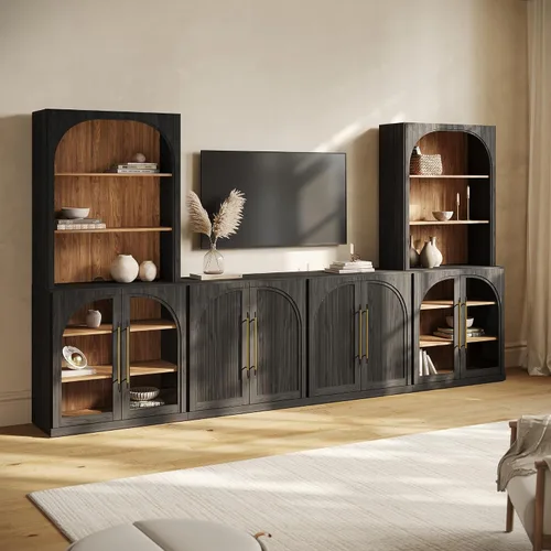 Vista 75 de BELLEZE Centro de entretenimiento modular de 4 piezas con almacenamiento, 2 vitrinas de madera moderna con gabinete arqueado y 2 armarios de puerta