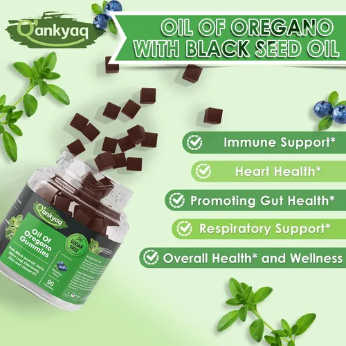 Vista 3 de Gomitas orgánicas de aceite de orégano con aceite de semilla negra para niños y adultos Suplemento de aceite de orégano 6 en 1 Carvacrol +