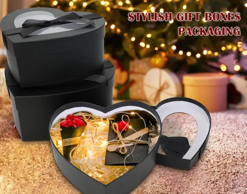 Vista 4 de Cajas negras en forma de corazón para arreglos florales, cajas de corazón para flores, juego de 4 cajas de regalo anidables con tapas transparentes